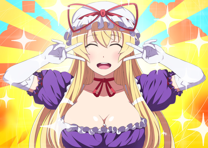 1girl ^_^ absurdres arms_up blonde_hair blush breasts choker cleavage closed_eyes cloud_background collarbone double_v dress elbow_gloves facing_viewer frilled_dress frills from_side gloves hands_up happy hat hat_ribbon highres kyoukyan large_breasts light_rays looking_at_viewer mob_cap open_mouth patterned_background puffy_short_sleeves puffy_sleeves purple_dress red_ribbon ribbon ribbon_choker round_teeth shiny shiny_hair shiny_skin short_sleeves smile solo sparkle teeth tongue touhou upper_body v white_gloves yakumo_yukari