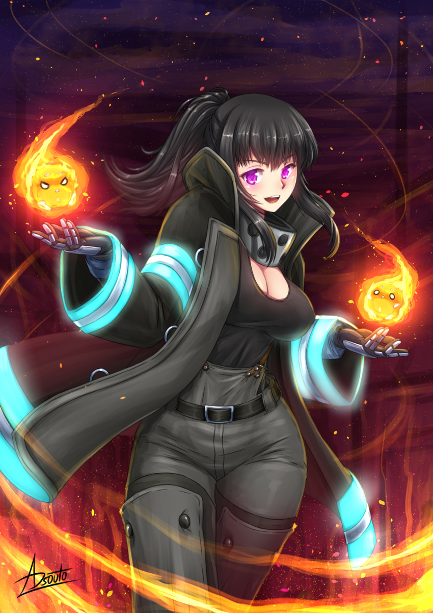 1girl adsouto bangs black_hair black_tank_top blush breasts cleavage collarbone en'en_no_shouboutai eyebrows_visible_through_hair fire fire_helmet fire_jacket fireball firefighter flame highres large_breasts long_hair looking_at_viewer maki_oze orange_overalls ponytail purple_eyes sagging_testicles sidelocks smile solo standing tank_top