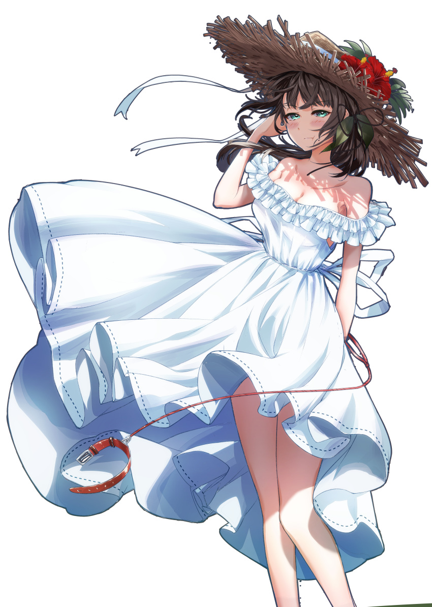 1girl :t absurdres alternate_costume aqua_eyes bangs blue_ribbon blush breasts brown_hair brown_headwear cleavage cluseller collar collarbone commentary_request dress dress_lift eyebrows_visible_through_hair flower green_ribbon grey_outline hair_ribbon half-closed_eyes hand_up hat hat_flower hat_ribbon hibiscus highres hinamizawa_kurumi holding huge_filesize leash long_hair looking_at_viewer medium_breasts mole mole_under_mouth off_shoulder outline ponytail pygmalion._(group) red_flower ribbon solo standing straw_hat sun_hat tied_hair transparent_background virtual_youtuber white_dress wind wind_lift