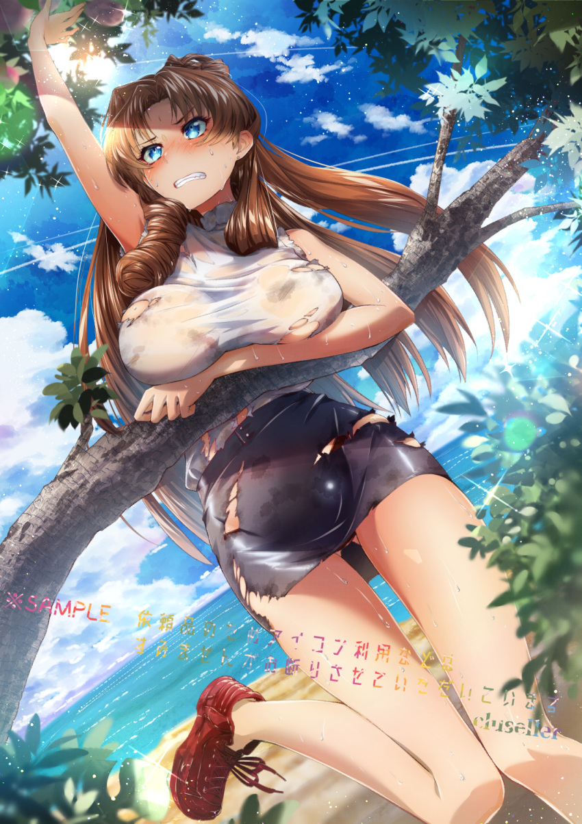 1girl arm_up artist_name ass_visible_through_thighs asymmetrical_hair bangs beach black_skirt blue_eyes blue_sky blurry_foreground blush breasts brown_hair brown_panties character_request clenched_teeth climbing_tree cloud cluseller commentary_request condensation_trail copyright_request day dirty dirty_clothes drill_hair dutch_angle eyebrows_visible_through_hair food fruit hair_intakes hand_up highres horizon large_breasts lens_flare light_particles long_hair looking_up miniskirt no_bra nose_blush ocean outdoors panties pencil_skirt reaching red_footwear sample sand shiny shiny_clothes shiny_hair shirt shirt_tucked_in shoes skirt sky sleeveless sleeveless_shirt solo sparkle sunlight sweat teeth torn_clothes torn_shirt torn_skirt translation_request tree underwear water watermark white_shirt