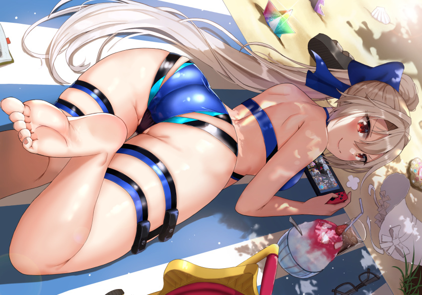 ass barefoot boo_iro drink fate/grand_order fate_(series) food game_console long_hair ponytail swimsuit tomoe_gozen