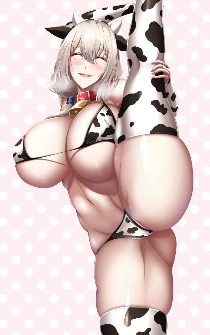 1girl animal_costume animal_ears animal_print bell bikini breasts bridal_gauntlets closed_eyes cow_bell cow_costume cow_ears cow_horns cow_print elbow_gloves gloves grey_hair hair_over_shoulder highres horns huge_breasts leg_lift leg_up low_tied_hair mature print_bikini shiroshisu solo split standing standing_on_one_leg standing_split swimsuit thighhighs uzaki-chan_wa_asobitai! uzaki_tsuki white_bikini white_gloves white_legwear