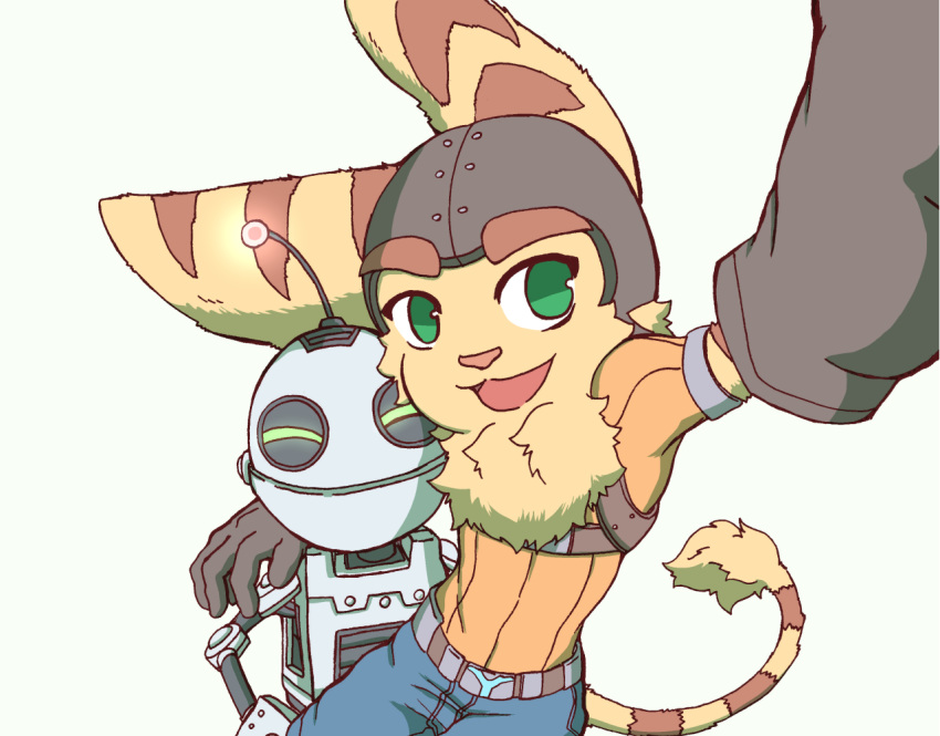 anthro big_ears brown_body brown_fur clank_(ratchet_&amp;_clank) clothing duo friends fur fur_tuft gloves green_eyes handwear happy kemono lombax machine male mammal positive_wishes_(artist) ratchet ratchet_and_clank robot selfie smiling_at_viewer sony_corporation sony_interactive_entertainment stripes tuft video_games