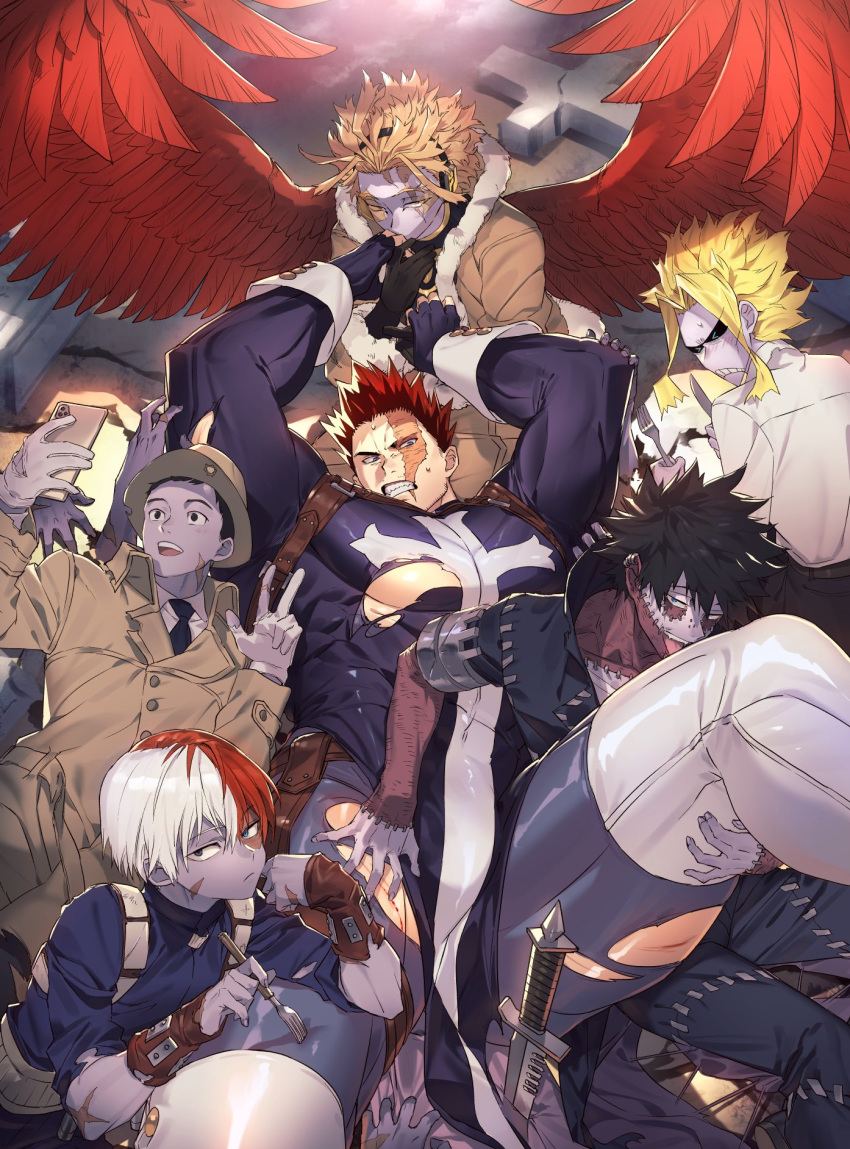 &gt;_&lt; 6+boys abs all_might alternate_costume bara bare_chest black_hair blonde_hair blue_eyes bodysuit boku_no_hero_academia bulge character_request chest cosplay facial_hair feet_out_of_frame fingerless_gloves frankenstein's_monster frankenstein's_monster_(cosplay) gloves grey_skin groping halloween halloween_costume hand_kiss hawks_(boku_no_hero_academia) highres kiss koooogasya licking male_focus monster multicolored_hair multiple_boys muscle navel navel_hair nipples pelvic_curtain red_hair scar scar_across_eye self_shot short_hair spiked_hair spread_legs stitches stubble thick_thighs thigh_grab thighs todoroki_enji todoroki_shouto tombstone tongue tongue_out torn_bodysuit torn_clothes two-tone_hair white_hair zombie
