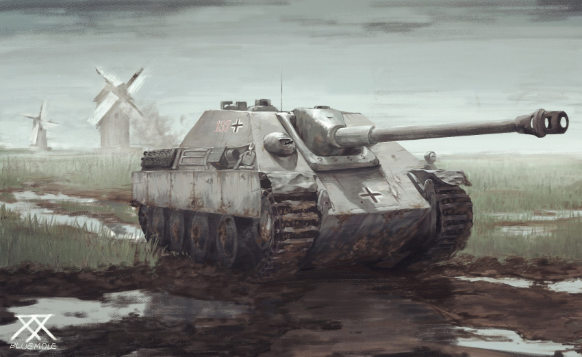 artist_name bluemole caterpillar_tracks cloud day emblem english_commentary grass ground_vehicle highres iron_cross jagdpanther military military_vehicle motor_vehicle mud no_humans original sky smoke tank tank_destroyer traditional_media water windmill