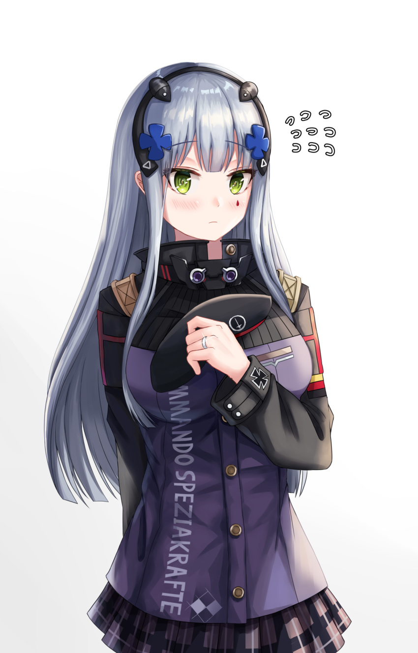 1girl absurdres bangs beret blue_hair blush breasts closed_mouth daisy_cutter eyebrows_visible_through_hair girls_frontline green_eyes hair_ornament hairband hand_on_back hat highres hk416_(girls_frontline) holding holding_clothes holding_hat iron_cross jewelry long_hair looking_at_viewer medium_breasts ring skirt solo standing uniform white_background