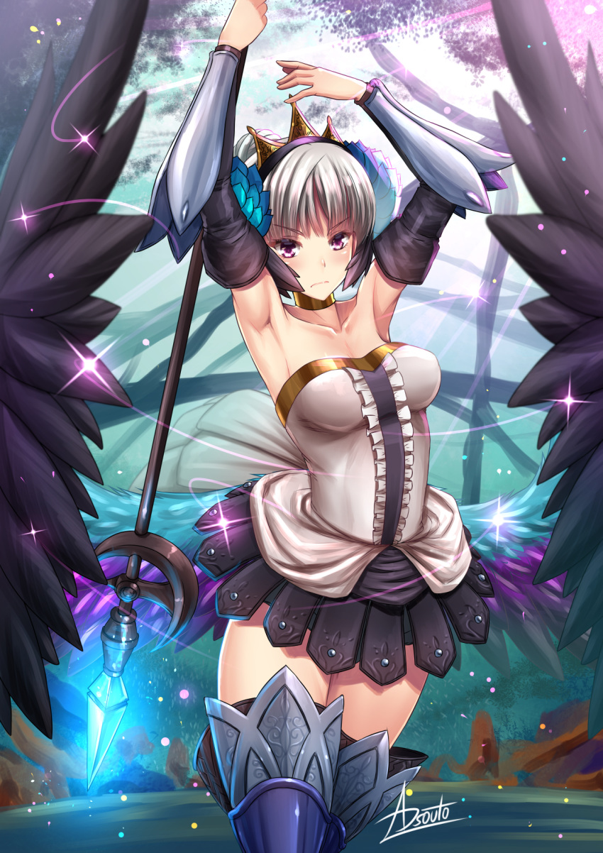 1girl adsouto armor armored_dress bare_shoulders blue_eyes breasts choker crown dress eyebrows_visible_through_hair frown gwendolyn_(odin_sphere) hair_ornament highres holding holding_spear holding_weapon multicolored multicolored_wings odin_sphere polearm purple_eyes short_hair silver_hair spear strapless strapless_dress thighhighs valkyrie weapon white_hair wings