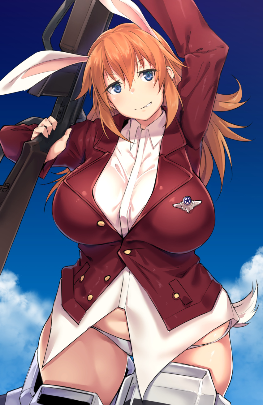 1girl 501st_joint_fighter_wing animal_ears blue_eyes breasts bunny_ears charlotte_e_yeager collared_shirt gun highres holding holding_gun holding_weapon jacket kuronyan large_breasts light_machine_gun long_hair long_sleeves m1918_bar machine_gun orange_hair panties red_jacket shirt solo strike_witches underwear weapon white_panties white_shirt world_witches_series