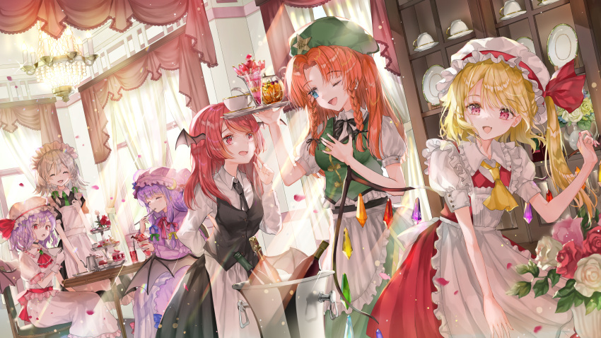 aliasing blonde_hair drink flandre_scarlet flowers food group hat hong_meiling izayoi_sakuya koakuma long_hair maid patchouli_knowledge red_eyes red_hair remilia_scarlet rose tagme_(artist) touhou wings wink