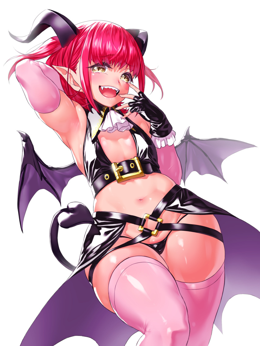 1girl :d absurdres armpits belt bikini black_bikini black_gloves breasts cowboy_shot curvy demon_girl demon_horns demon_wings elbow_gloves fangs fingerless_gloves gloves highres horns layered_gloves looking_at_viewer navel onsoku_inu open_mouth original pink_gloves pink_legwear plump red_hair simple_background small_breasts smile solo swimsuit thighhighs waist_cape white_background wings yellow_eyes
