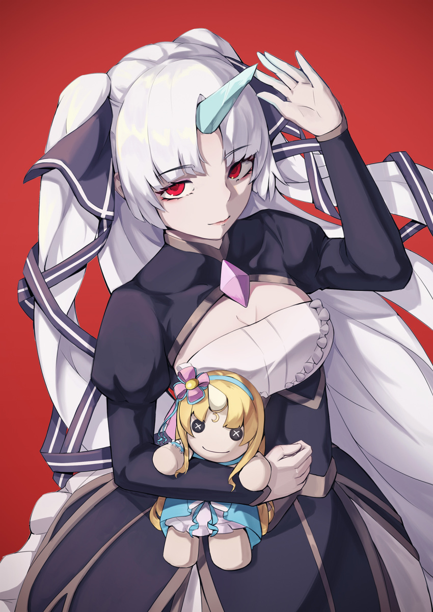 1girl artia breasts chinese_commentary civia cleavage highres holding holding_stuffed_toy hololive hololive_china ice_horns medium_breasts red_background red_eyes solo stuffed_toy two_side_up virtual_youtuber white_hair xigao_gao