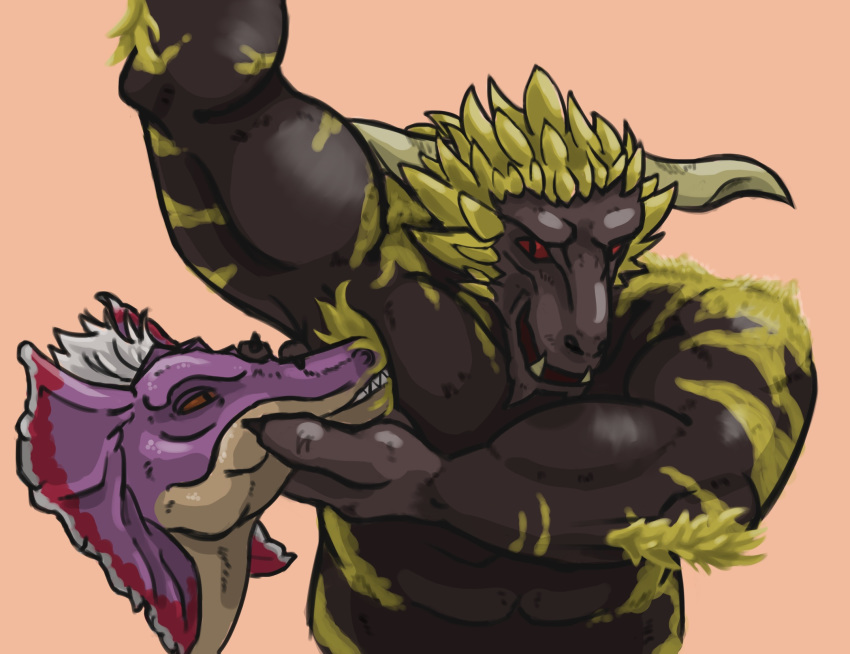 anthro armpit_fetish armpit_hair bird_wyvern body_hair capcom charcoal_inpachi dinosaur duo feral forced_sniffing grabbing hi_res horn jaggi male male/male mammal mane monster_hunter muscular primate primatius rajang reptile scalie sniffing stripes video_games