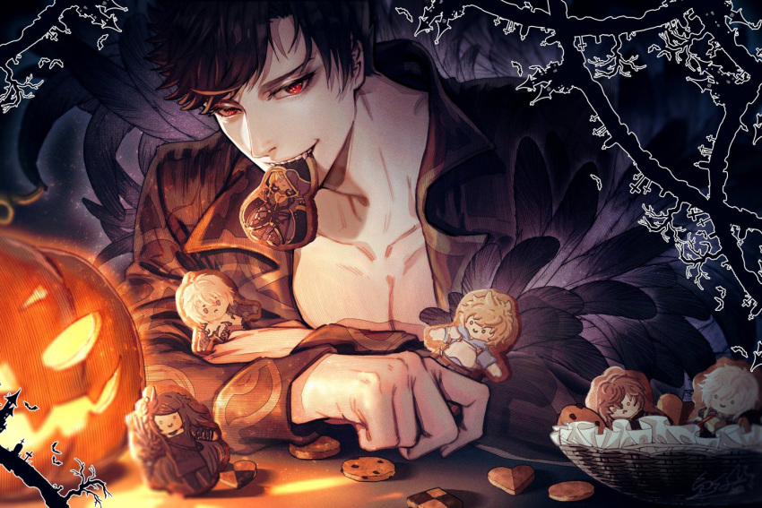 1boy belial_(granblue_fantasy) black_hair black_jacket candy character_request chest feather_boa food granblue_fantasy halloween halloween_costume jack-o'-lantern jacket jiao_mao looking_at_viewer male_focus mouth_hold muscle open_clothes open_jacket pumpkin red_eyes short_hair solo upper_body