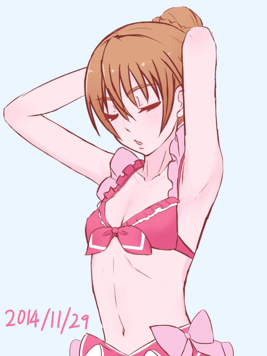 1girl 2014 adapted_costume alternate_hairstyle armpits arms_up bangs bikini braid braided_bun breasts brown_hair cleavage closed_eyes collarbone dated eyebrows_visible_through_hair frilled_bikini frills front-tie_bikini front-tie_top hair_between_eyes hair_bun highres houjou_hibiki navel pink_bikini precure shiny shiny_hair short_hair simple_background small_breasts solo suite_precure swimsuit unpale upper_body white_background