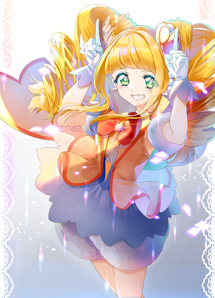 1girl absurdres bangs blonde_hair blunt_bangs bow bowtie cure_sparkle floating_hair gloves green_eyes grey_skirt grin hair_ornament healin'_good_precure heart heart_hair_ornament highres hiramitsu_hinata index_finger_raised long_hair miniskirt precure puffy_shorts red_bow red_neckwear shiny shiny_hair short_sleeves shorts shorts_under_skirt skirt smile solo standing twintails very_long_hair white_gloves white_shorts yuutarou_(fukiiincho)