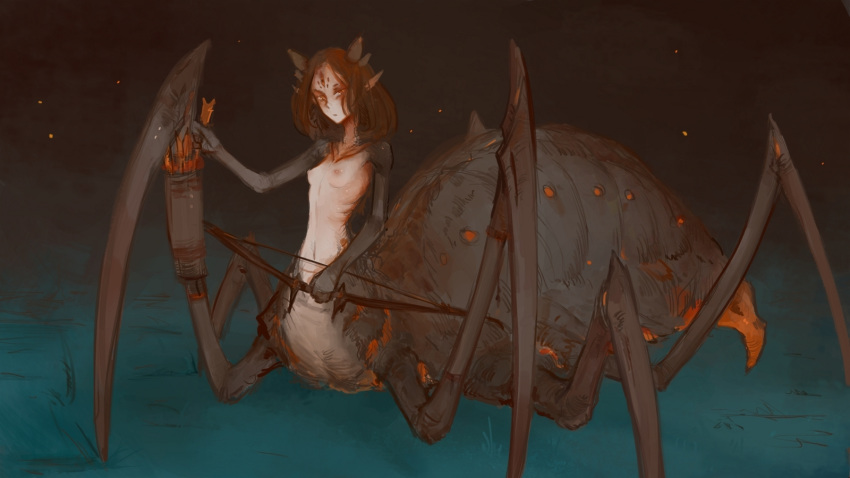 arachnid arachnid_taur arrow arthropod arthropod_abdomen arthropod_taur black_body bow breasts brown_eyes brown_hair female grass hair hi_res holding_object horn looking_at_viewer multi_eye multicolored_body navel nipples nude quiver ribs small_breasts small_waist solo spider spider_taur syvaron taur weapon