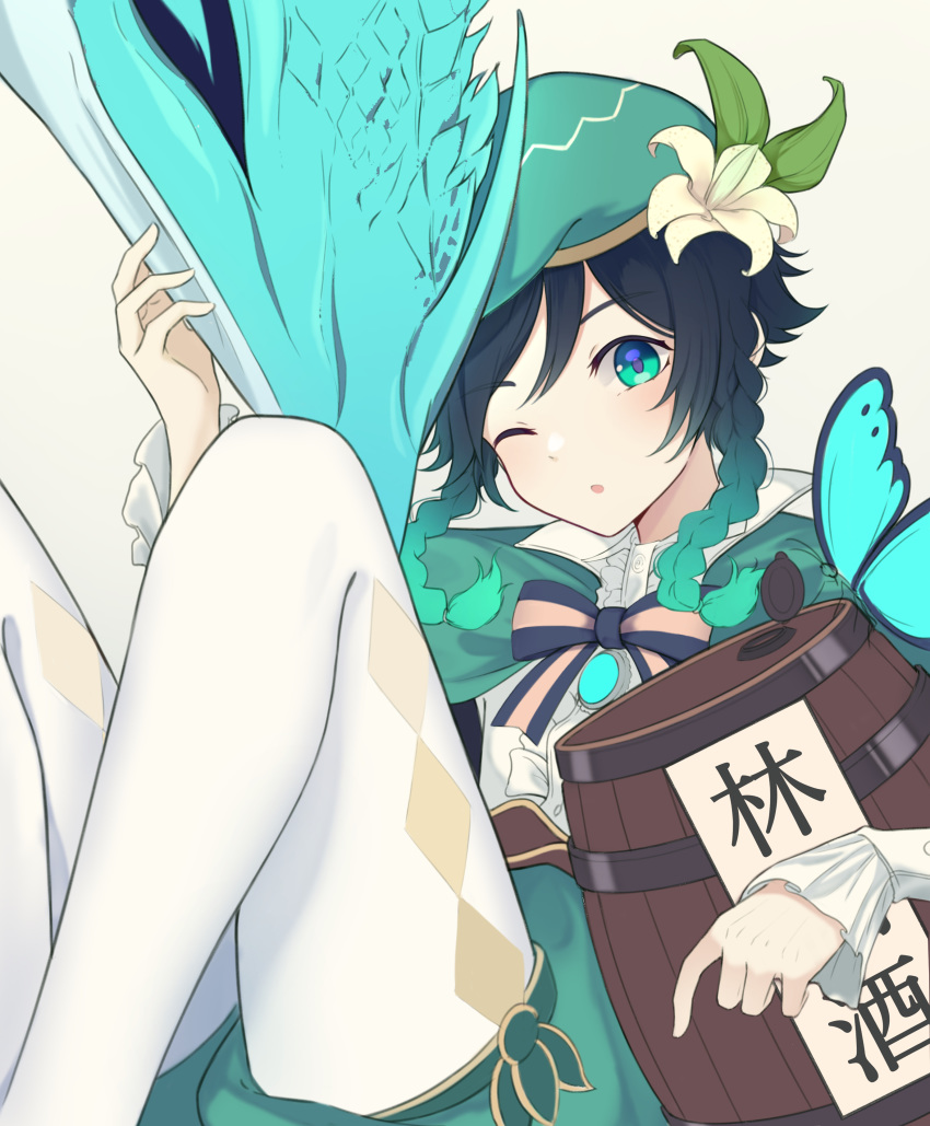 1boy absurdres bard barrel black_hair blue_eyes blue_hair braid bug butterfly cape chinese_text dragon dvalin_(genshin_impact) flower genshin_impact gradient_hair green_headwear hair_flower hair_ornament hand_on_another's_head hat highres horns insect leaf_hair_ornament lily_(flower) long_sleeves looking_at_viewer male_focus multicolored_hair one_eye_closed open_mouth otoko_no_ko pantyhose scales shorts simple_background solo tatsu_wan thighhighs translation_request twin_braids venti_(genshin_impact) vision_(genshin_impact) white_background