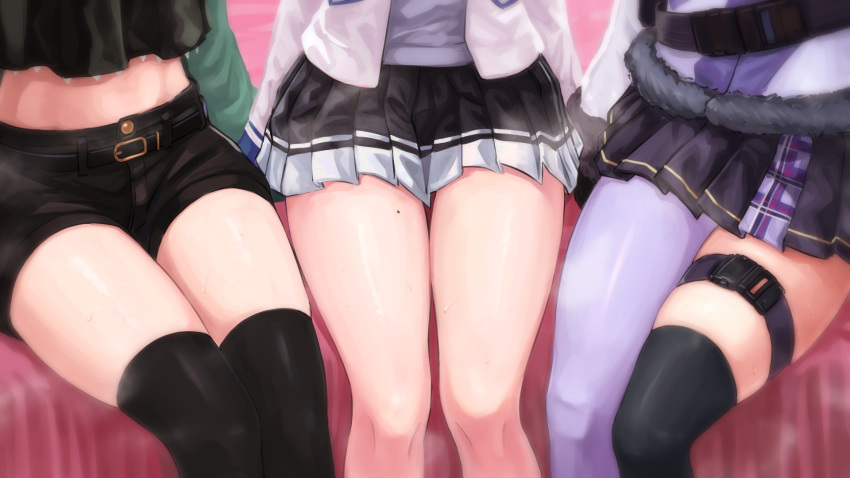 3girls asymmetrical_legwear bed belt black_belt black_legwear black_shorts dalcom highres jacket lower_body midriff miniskirt mole mole_on_thigh multiple_girls nijisanji nijisanji_kr nishizono_chigusa nun_bora pleated_skirt school_uniform shin_yuya short_shorts shorts single_leg_pantyhose sitting skindentation skirt sweatdrop thigh_strap thighhighs thighs virtual_youtuber white_jacket white_legwear