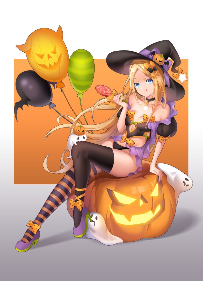 1girl abigail_williams_(fate/grand_order) absurdres balloon bangs bare_shoulders black_bow blonde_hair blue_eyes blush bow breasts candy choker dongcilagedaci fate/grand_order fate_(series) food forehead hair_bow halloween hat high_heels highres jack-o'-lantern legs licking_lips lollipop long_hair looking_at_viewer multiple_bows open_mouth orange_bow parted_bangs pumpkin sidelocks sitting small_breasts smile thighhighs tongue tongue_out witch_hat
