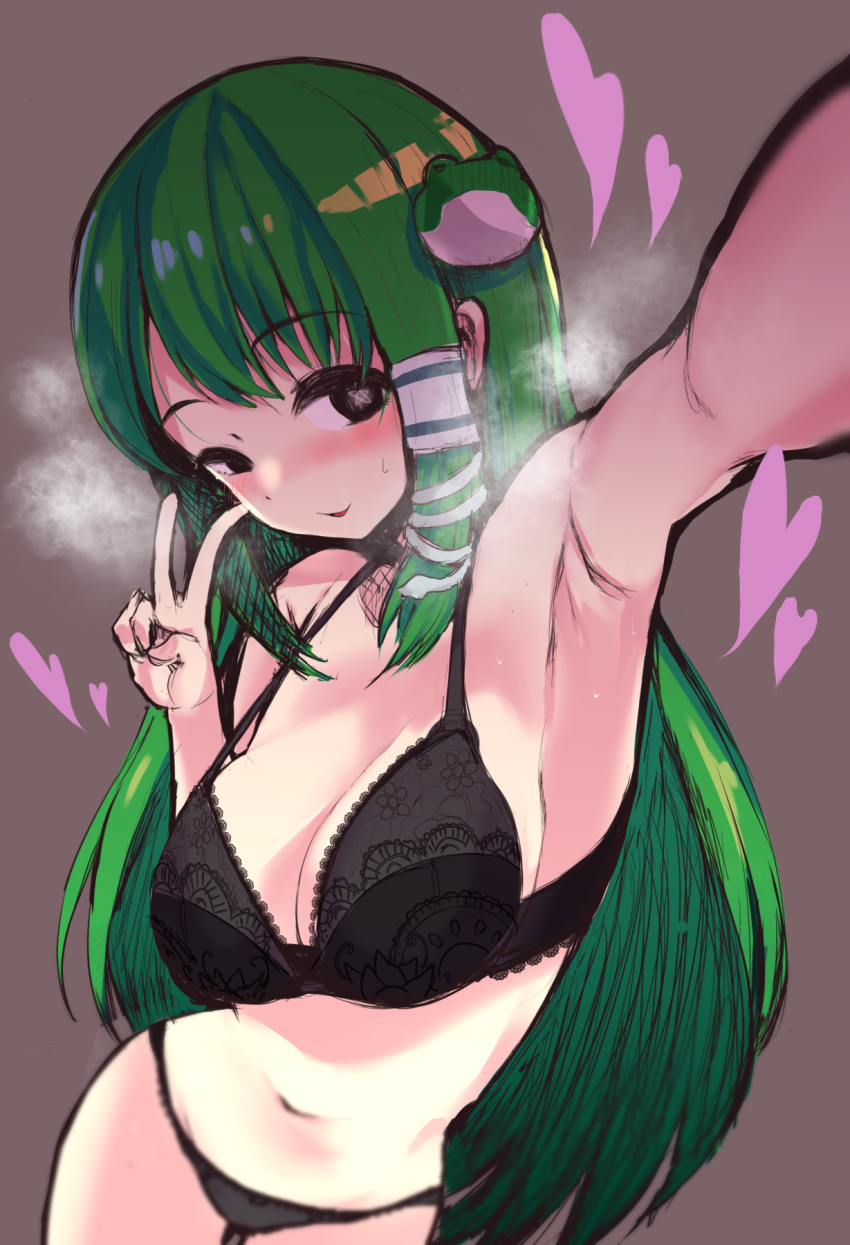 1girl animal_hair_ornament armpits bangs bare_arms bare_shoulders black_bra black_eyes black_panties bra breasts breath brown_background cleavage cowboy_shot eyebrows_visible_through_hair frog_hair_ornament gomeifuku green_hair hair_ornament hair_tubes highres kochiya_sanae large_breasts long_hair navel open_mouth outstretched_arm outstretched_arms panties self_shot smile snake_hair_ornament solo star-shaped_pupils star_(symbol) symbol-shaped_pupils touhou underwear v very_long_hair