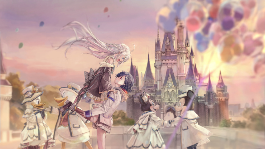 2girls 4others 54cr amusement_park balloon black_jacket blue_eyes blue_hair castle disney disneyland dolphin_hair_ornament donald_duck evening eye_contact grey_hoodie hands_on_another's_shoulders highres hood hoodie jacket kagura_nana lifting_person long_sleeves looking_at_another mickey_mouse miniskirt multiple_girls multiple_others nijisanji nishizono_chigusa open_mouth outdoors pleated_skirt purple_eyes short_hair silver_hair skirt sun virtual_youtuber wavy_mouth white_jacket white_skirt