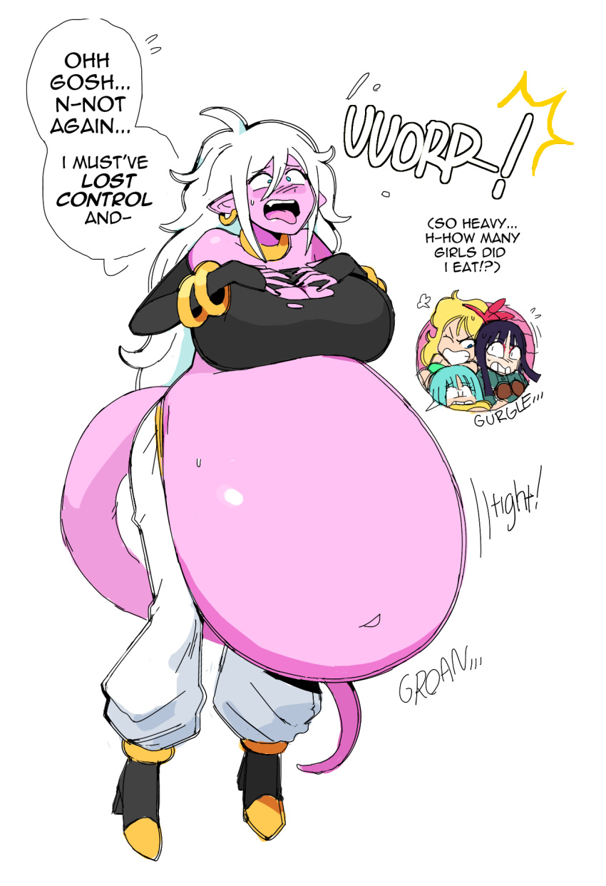 2020 after_vore alien alien_humanoid android_21 armwear belly big_belly boots breasts clothing dr--worm dragon_ball dragon_ball_fighterz ear_piercing english_text female female_pred footwear group hair hi_res humanoid majin majin_android_21 overweight piercing pink_body pink_skin simple_background speech_bubble text vore white_background white_hair