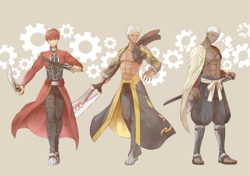 3boys archer archer_(cosplay) bare_chest beige_background black_pants brown_hair cape cornrows cosplay costume_switch dark_skin dual_wielding emiya_alter emiya_alter_(cosplay) emiya_shirou expressionless fate/grand_order fate/stay_night fate_(series) full_body highres holding igote kanshou_&amp;_bakuya limited/zero_over looking_at_viewer male_focus messy_hair multiple_boys pants ro_(pixiv34009774) sandals sengo_muramasa_(fate) sengo_muramasa_(fate)_(cosplay) shoes smile standing sword waist_bow weapon white_cape white_hair yellow_eyes