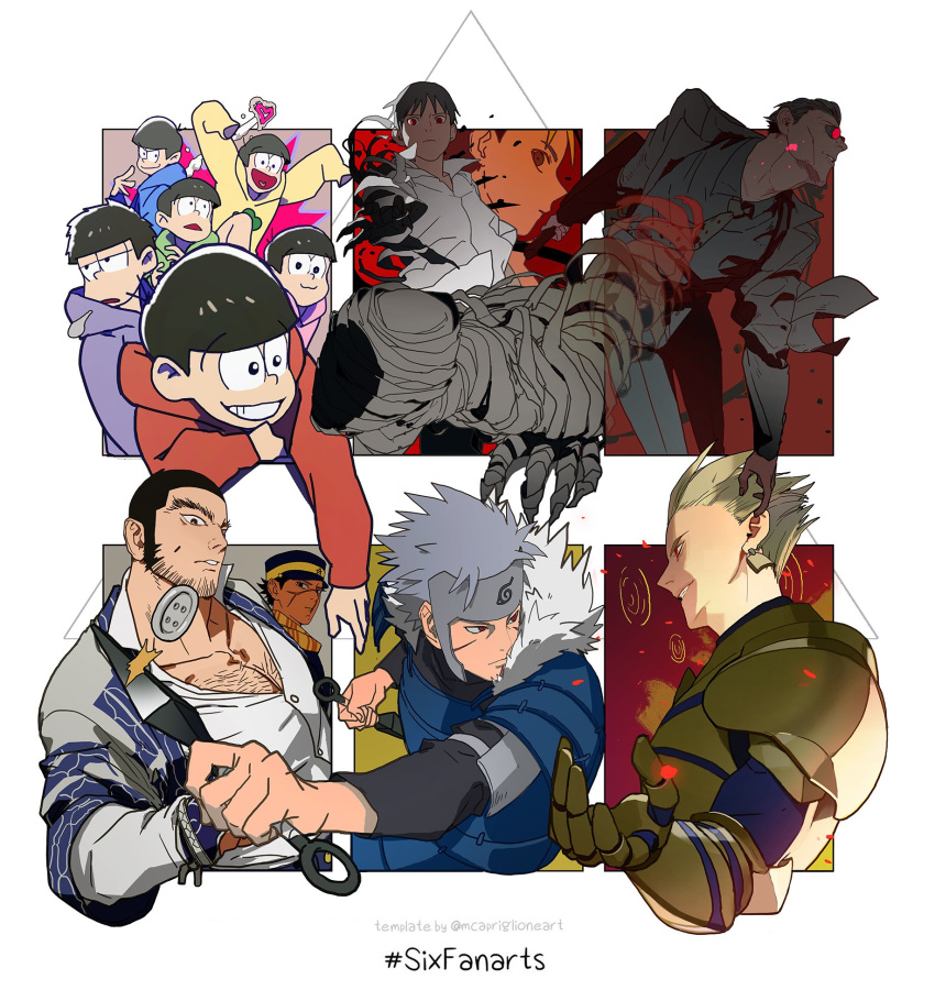 6+boys ajin_(sakurai_gamon) bandages black_hair blonde_hair bursting_pecs buttons character_request chest_hair copyright_request crossover dynamic_pose fate/stay_night fate/zero fate_(series) fighting_stance forehead_protector foreshortening gilgamesh golden_kamuy highres hinna_hinna_hin kunai multiple_boys multiple_crossover naruto naruto_(series) ninja red_eyes satou_(ajin) senju_tobirama shirt six_fanarts_challenge smile sugimoto_saichi tagme wardrobe_malfunction weapon white_shirt