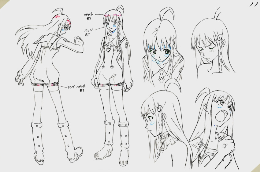 1girl 2000s_(style) boots character_sheet gainax long_hair monochrome nono_(top_wo_nerae_2!) notes official_art production_art sadamoto_yoshiyuki solo top_wo_nerae_2! traditional_media