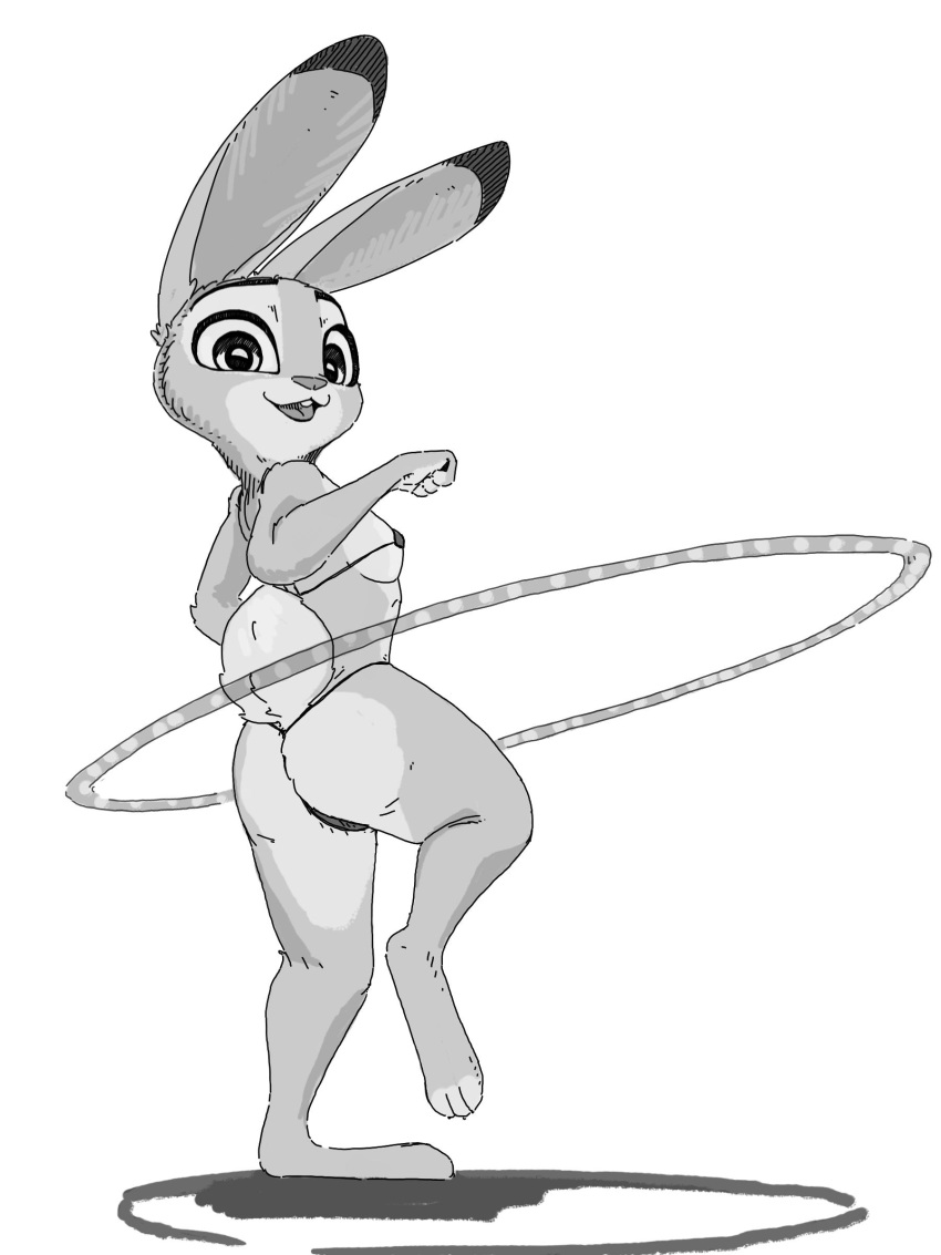 2020 3:4 absurd_res anthro butt clothed clothing disney english_text female fur hi_res hula_hoop inktober inktober_2020 judy_hopps judyhopps44 lagomorph leporid mammal midriff monochrome open_mouth open_smile rabbit simple_background skimpy smile solo text white_background zootopia