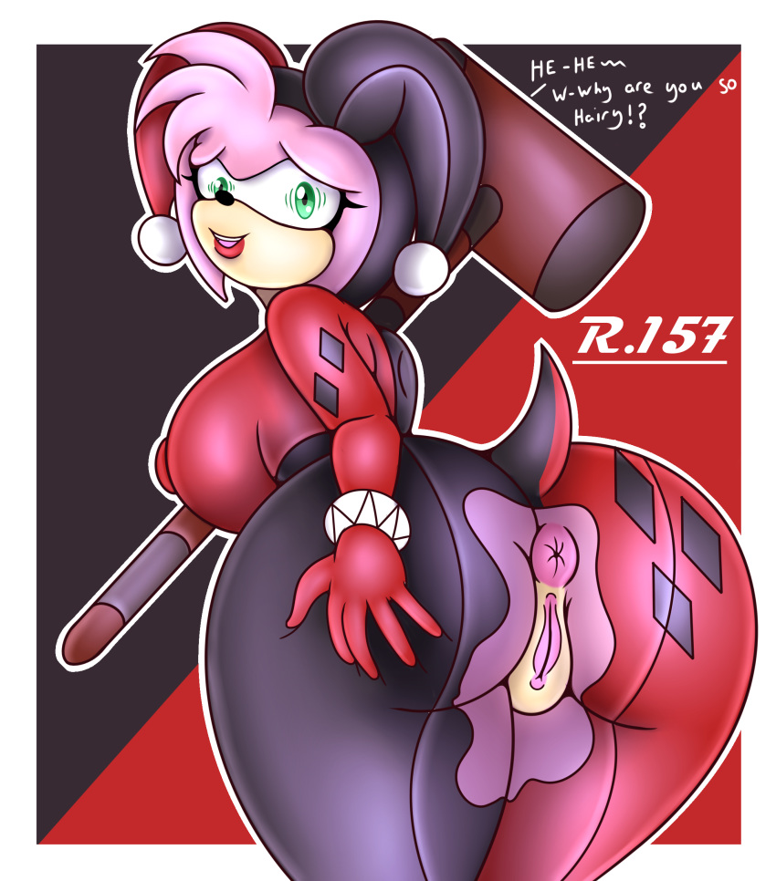 absurd_res amy_rose anthro anus batman_(series) big_breasts big_butt breasts butt clothing cosplay dialogue eulipotyphlan eyeshadow female genitals hammer harley_quinn hedgehog hi_res holding_butt huge_butt lipstick looking_back makeup mammal nipple_outline pussy renegade-157 solo sonic_the_hedgehog_(series) thick_thighs tools torn_clothing