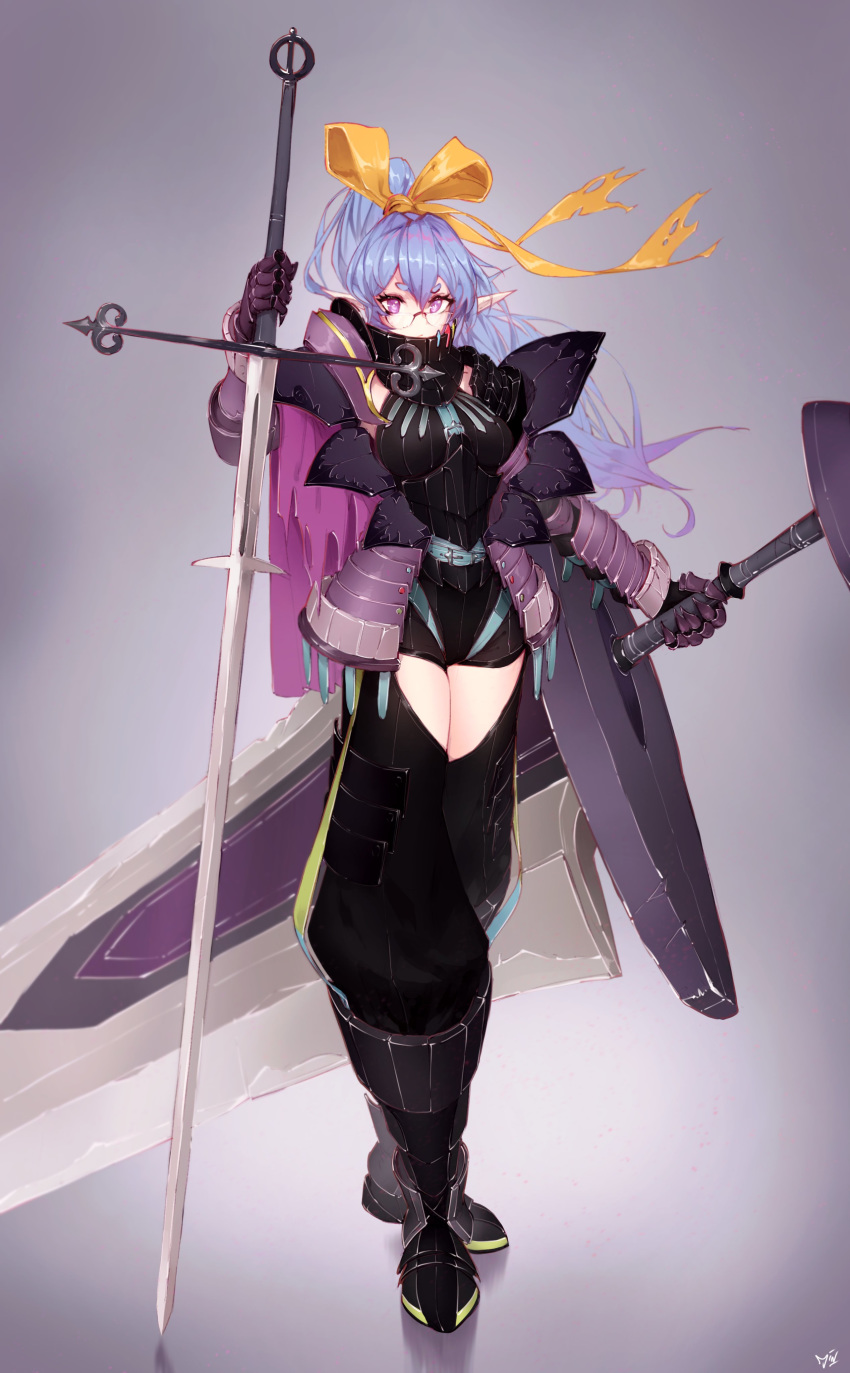 1girl absurdres blue_hair dual_wielding english_commentary glasses highres holding holding_sword holding_weapon huge_weapon indie_virtual_youtuber jin_grey_paladin long_pointy_ears pointy_ears purple_eyes rae_laviere solo sword virtual_youtuber weapon