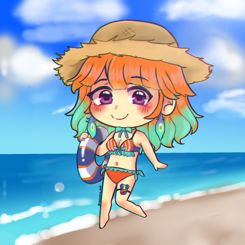 1girl beach bikini breasts chibi cleavage dakuma highres hololive hololive_english looking_at_viewer ocean orange_bikini orange_hair purple_eyes solo swimsuit takanashi_kiara virtual_youtuber