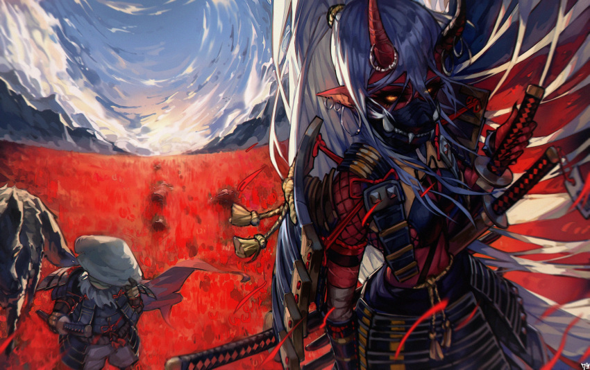 1boy 1girl borrowed_character demon_horns ear_piercing english_commentary highres horns jin_grey_paladin katana looking_to_the_side mask original piercing pointy_ears red_skin samurai sword walking weapon yellow_eyes