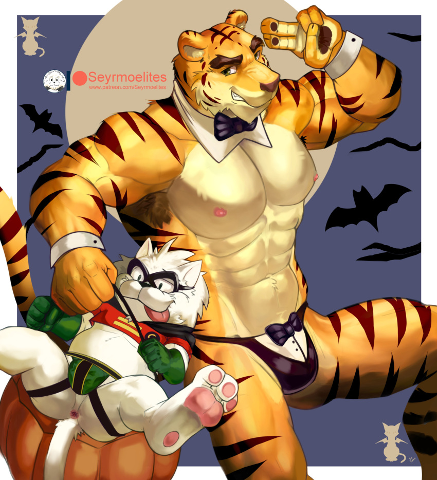 abs absurd_res anthro anus canid canine canis chippendales clothing costume dc_comics digitigrade domestic_dog duo felid halloween hi_res holidays jockstrap male male/male mammal muscular muscular_male nipples pantherine pawpads pecs robin_(dc) seyrmo short_stack size_difference speedo swimwear tiger underwear