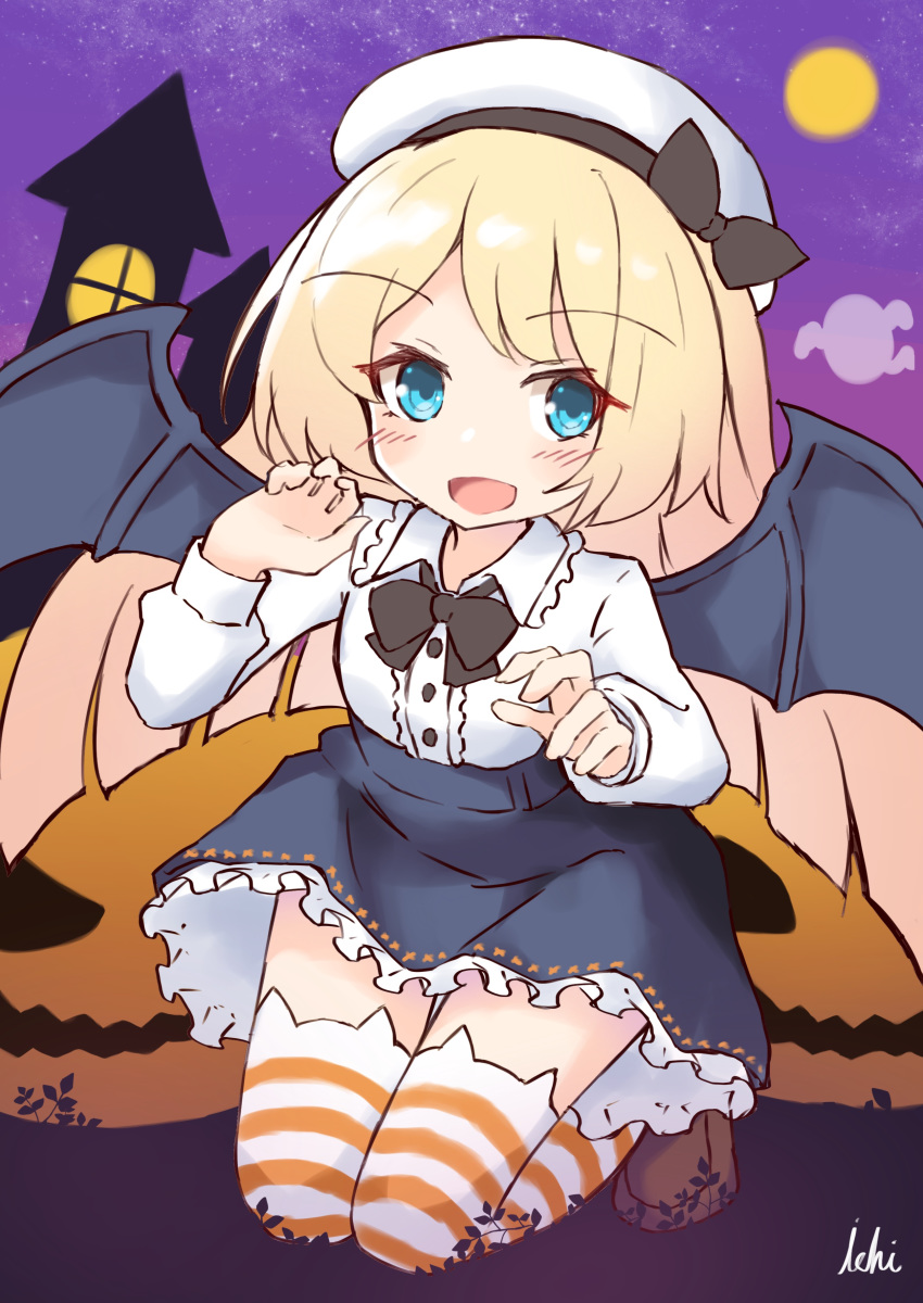 1girl absurdres alternate_costume bat_wings black_skirt blonde_hair blouse blue_eyes commentary frilled_skirt frills full_body hat highres ichi jack-o'-lantern jervis_(kantai_collection) kantai_collection kneeling long_hair long_sleeves night night_sky sailor_hat skirt sky smile solo striped striped_legwear thighhighs white_blouse white_headwear wings