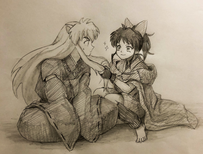 1boy 1girl animal_ears bead_necklace beads cape dog_ears father_and_daughter hair_ornament han'you_no_yashahime highres inuyasha inuyasha_(character) japanese_clothes jewelry long_hair monochrome moroha necklace oooranje_nlj pearl_necklace ponytail short_hair youkai