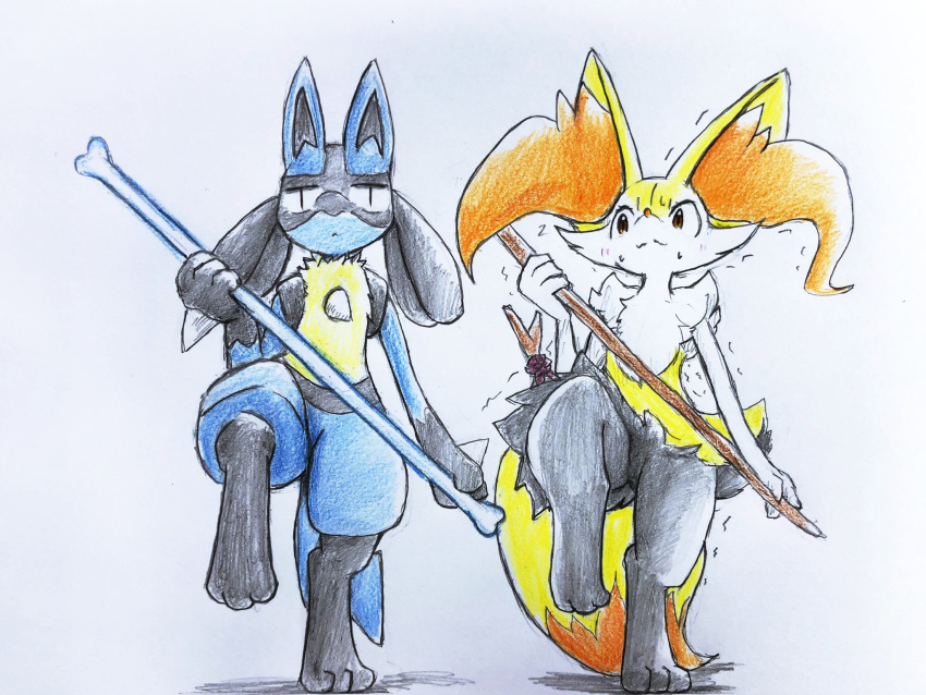 2020 3_fingers ambiguous_gender anthro athletic athletic_ambiguous athletic_anthro balance balancing barefoot belly_tuft big_ears big_hands biped black_body black_fur black_hair black_markings blue_body blue_fur bodily_fluids braixen canid canine chest_tuft eiroru emanata fingers fluffy fluffy_tail front_view fur fur_markings glistening glistening_body glistening_eyes glistening_fur glistening_hair gloves_(marking) hair half-closed_eyes hi_res hip_tuft holding_object inner_ear_fluff leg_markings light long_hair long_tail looking_at_viewer looking_away lucario mammal markings multicolored_body multicolored_fur multicolored_tail narrowed_eyes nintendo paws pok&eacute;mon pok&eacute;mon_(species) portrait pose prick_ears pupils red_eyes red_tongue ribbons semi-anthro shadow shoulder_tuft simple_background sitting slit_pupils small_waist snout socks_(marking) spikes standing stick sweat thick_thighs toes tongue traditional_media_(artwork) tuft video_games white_body white_fur wide_hips yellow_body yellow_fur