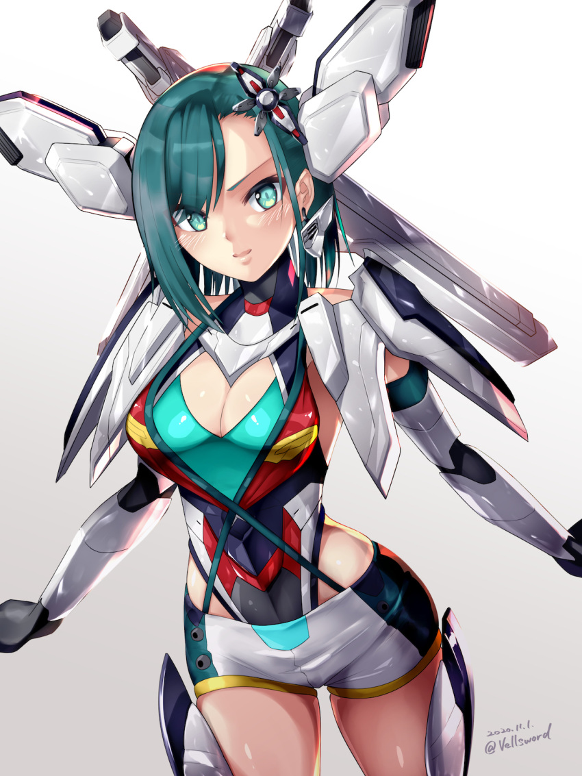 1girl after_war_gundam_x artist_name blue_eyes blue_hair blush breasts cleavage commission grey_background gundam gundam_x_divider hair_ornament highres i.takashi looking_to_the_side mecha_musume medium_breasts open_mouth personification shield_hair_ornament skeb_commission solo