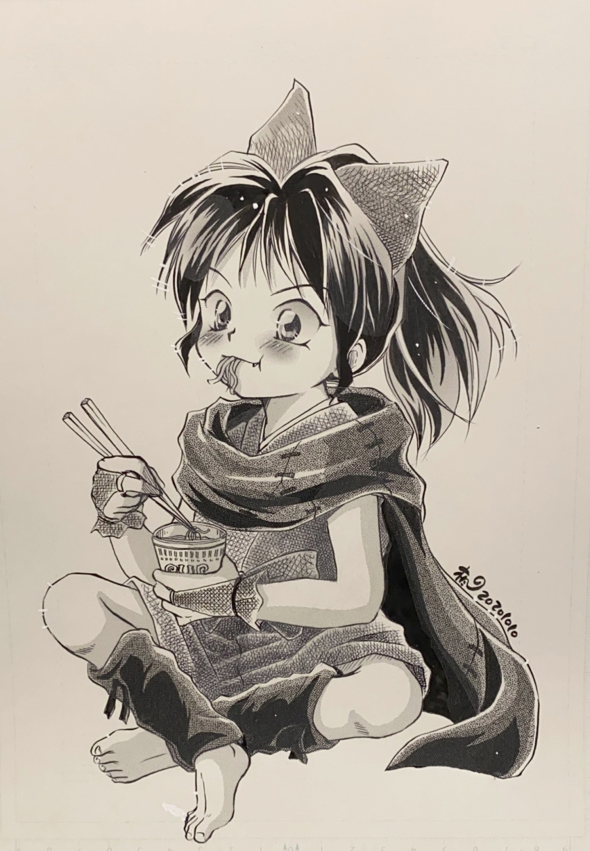 1girl barefoot black_hair bow cape chopsticks commentary_request cup cup_noodle cup_ramen eating food gloves hair_bow hair_ornament han'you_no_yashahime highres instant_ramen japanese_clothes kamefukudo2020 monochrome moroha noodles pasta ponytail ramen shorts spaghetti toeless_legwear traditional_media