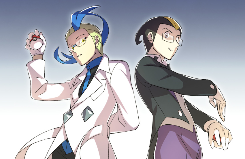 2boys arm_behind_back black_hair blonde_hair blue_hair buttons colress_(pokemon) commentary_request darach_(pokemon) from_below glasses gloves highres holding holding_poke_ball labcoat lobolobo2010 long_sleeves looking_at_viewer male_focus multicolored_hair multiple_boys pants parted_lips poke_ball poke_ball_(basic) pokemon pokemon_(game) pokemon_bw2 pokemon_dppt pokemon_platinum purple_pants short_hair two-tone_hair white_gloves yellow_eyes