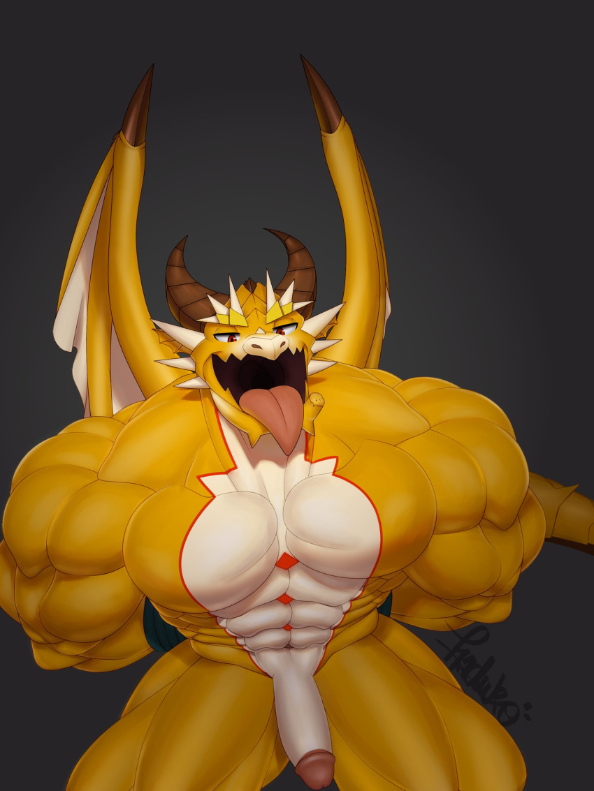 3:4 abs anthro biceps bound dragon genitals haduko1 hi_res kneeling male muscular muscular_anthro muscular_male open_mouth ophion pecs penis solo submissive submissive_male tokyo_afterschool_summoners video_games wings yellow_body