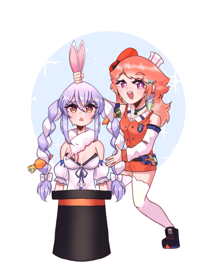 2girls absurdres animal_ears axel_(axeldiamandis) braid brown_eyes bunny_ears carrot chef_hat confused english_commentary food_themed_hair_ornament hair_ornament hat highres holding_ears hololive hololive_english looking_at_viewer looking_to_the_side multiple_girls open_mouth orange_hair parody purple_eyes star-shaped_pupils star_(symbol) symbol-shaped_pupils takanashi_kiara top_hat triangle_mouth twin_braids usada_pekora virtual_youtuber