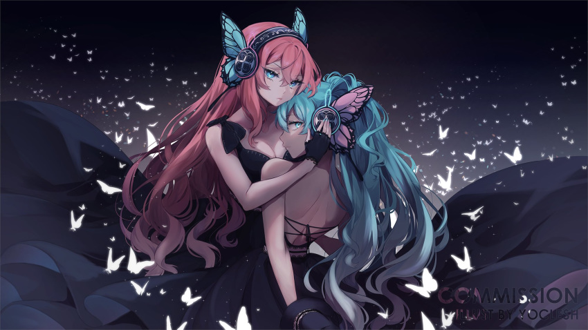 2girls artist_name blue_eyes blue_hair butterfly_wings commission english_commentary hatsune_miku headphones highres hug long_hair looking_at_viewer magnet_(vocaloid) megurine_luka multiple_girls pink_hair vocaloid wings yoclesh