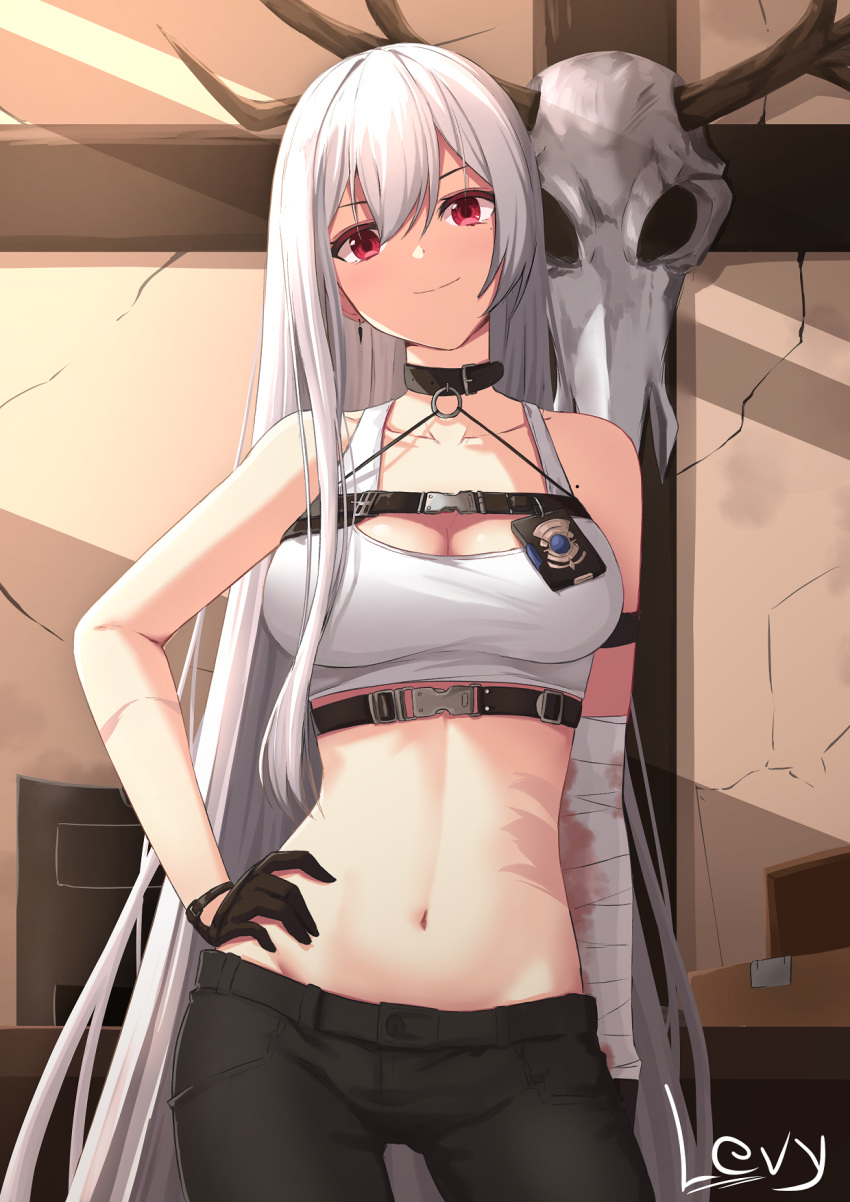 1girl animal_skull arm_strap artist_name azur_lane bandaged_arm bandages bangs bare_shoulders black_collar black_gloves black_pants breasts chest_strap cleavage collar collarbone cowboy_shot english_commentary eyebrows_visible_through_hair gloves groin hair_between_eyes hand_on_hip highres indoors large_breasts levy_(comradlevy) long_hair looking_at_viewer midriff mole mole_on_body mole_under_eye multiple_straps navel o-ring pants police_badge red_eyes scar sidelocks silver_hair smile snap-fit_buckle solo sovetskaya_rossiya_(azur_lane) sovetskaya_rossiya_(the_lackadaisical_lookout)_(azur_lane) sports_bra standing underbust very_long_hair white_sports_bra