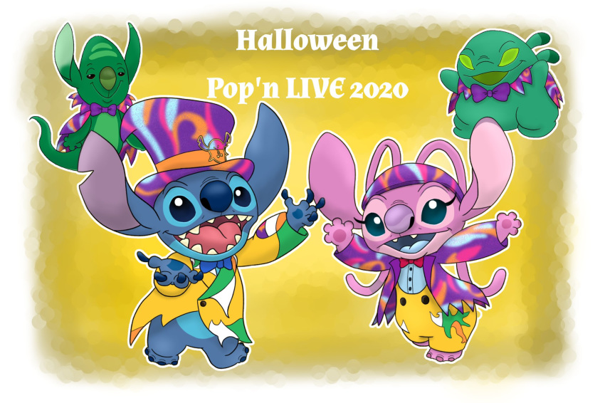 2020 4_fingers 4_toes alien angel_(lilo_and_stitch) antennae_(anatomy) blue_body blue_claws blue_fur blue_mouth blue_nose blue_pawpads blue_tongue bottomless cape claws clothed clothing costume disney disney_parks experiment_(lilo_and_stitch) fingers fur ghost green_body green_eyes halloween hi_res holidays lilo_and_stitch mayoooon_626 open_mouth open_smile outline pawpads phantasmo pink_body pink_fur pink_pawpads purple_nose semi-anthro smile spirit spooky_(lilo_and_stitch) standing stitch_(lilo_and_stitch) teeth text toes tokyo_disneyland tongue
