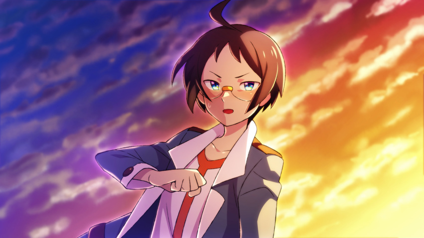 1boy ahoge blue_eyes cheren_(pokemon) cloud collarbone commentary_request glasses highres jacket lobolobo2010 long_sleeves male_focus open_mouth outdoors pokemon pokemon_(game) pokemon_bw shirt short_hair sky solo sweat tongue twilight upper_body white_shirt