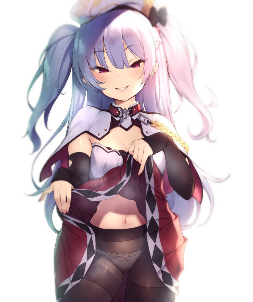 1girl absurdres ajax_(azur_lane) azur_lane bangs beret black_legwear blush bow braid breasts capelet cleavage detached_sleeves eyebrows_visible_through_hair hat highres lifted_by_self lips long_hair long_sleeves looking_at_viewer medium_breasts navel panties panties_day panties_under_pantyhose pantyhose parted_lips pokachu purple_hair red_eyes red_skirt retrofit_(azur_lane) skirt skirt_lift smile solo standing teeth thighband_pantyhose two_side_up underwear white_capelet white_headwear white_panties