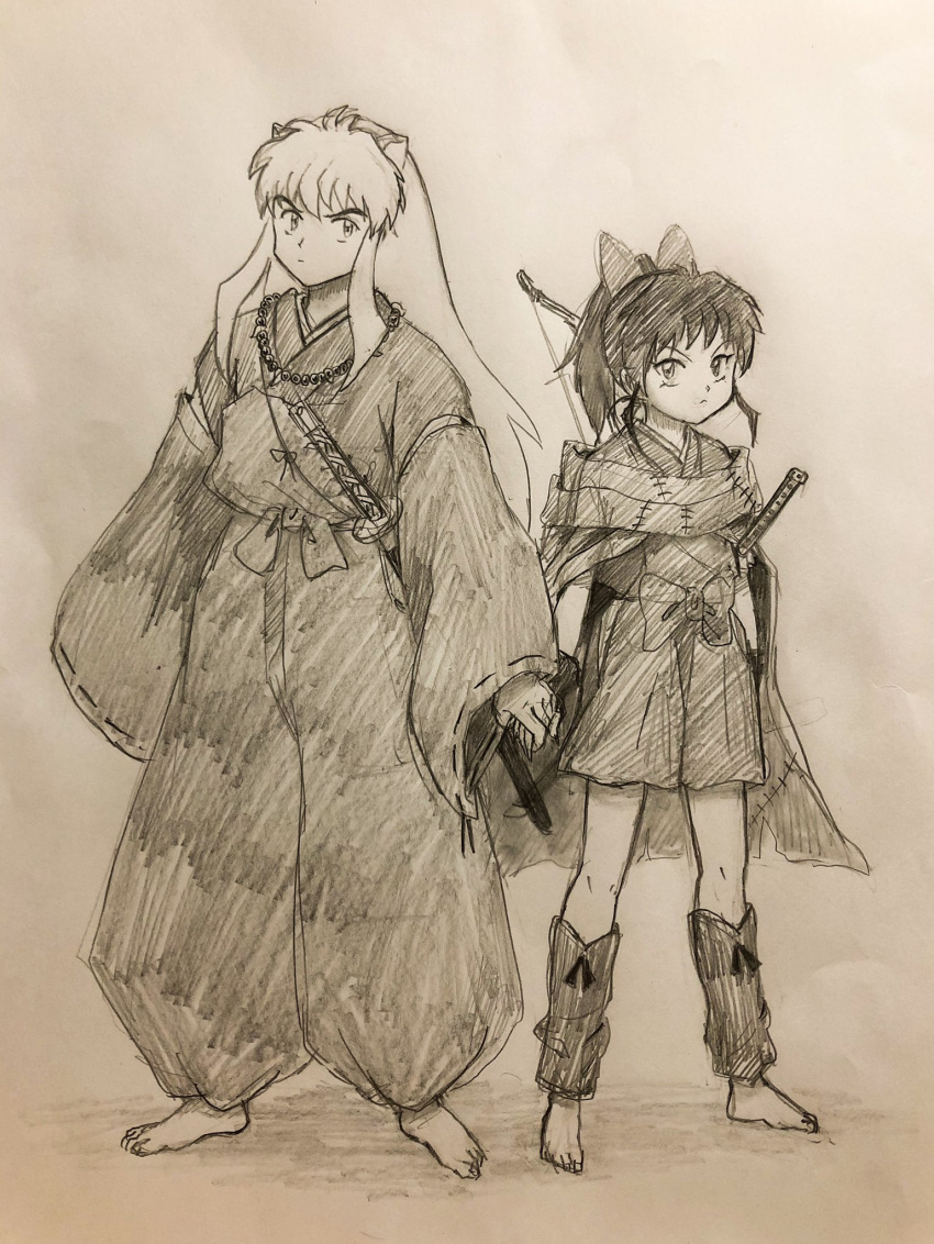 1girl animal_ears archery dog_ears family father_and_daughter hair_ornament han'you_no_yashahime highres inuyasha inuyasha_(character) japanese_clothes katana long_hair monochrome moroha oooranje_nlj ponytail sword very_long_hair weapon