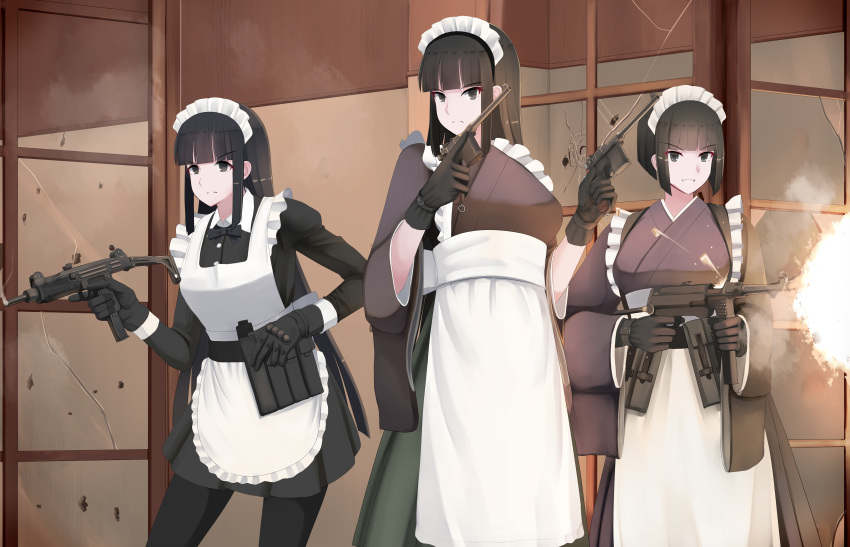 3girls absurdres apron black_hair black_legwear bob_cut bullet_hole commentary dual_wielding firing gloves gun handgun highres hime_cut holding holding_gun holding_weapon imi_uzi japanese_clothes kimono long_hair maid_apron maid_headdress mauser_c96 motion_blur mp40 multiple_girls nguyen_tam_lee original shell_casing smoke submachine_gun trigger_discipline wa_maid weapon